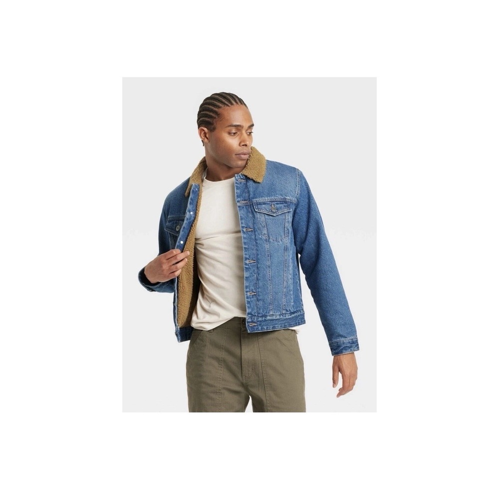 NEW! Goodfellow & Co. Men's Faux Shearling Lined Denim Trucker Jacket LARGE Blue